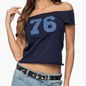 Edikted | 76 Off the Shoulder Cotton Graphic T-Shirt